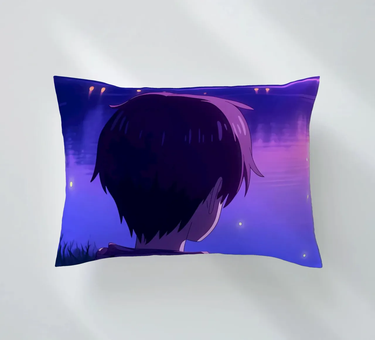 Un ragazzo in piedi vicino a uno stagno con lucciole Lofi Art cuscino da LoFi Gallery