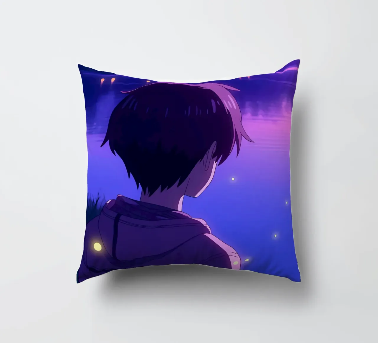Un ragazzo in piedi vicino a uno stagno con lucciole Lofi Art cuscino da LoFi Gallery