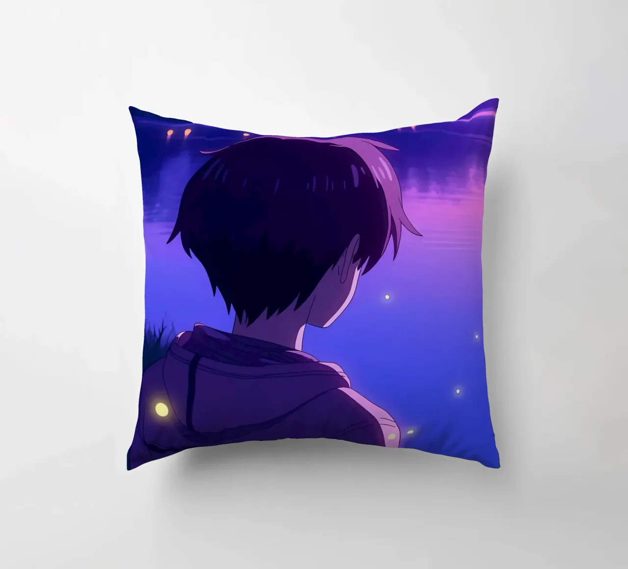 Un ragazzo in piedi vicino a uno stagno con lucciole Lofi Art cuscino da LoFi Gallery
