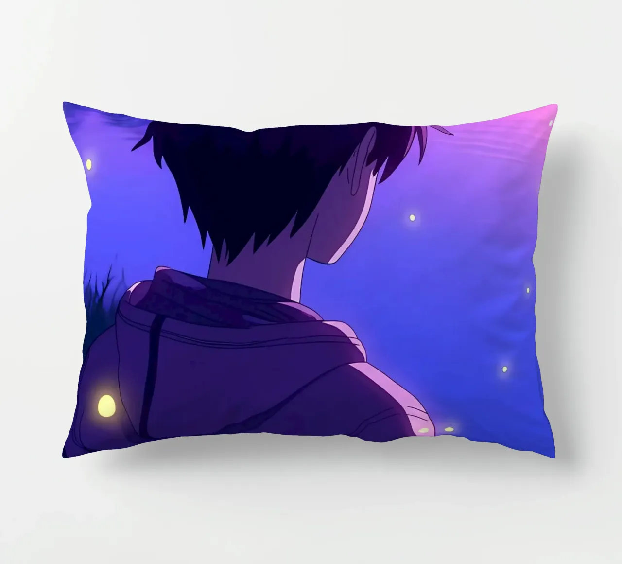 Un ragazzo in piedi vicino a uno stagno con lucciole Lofi Art cuscino da LoFi Gallery