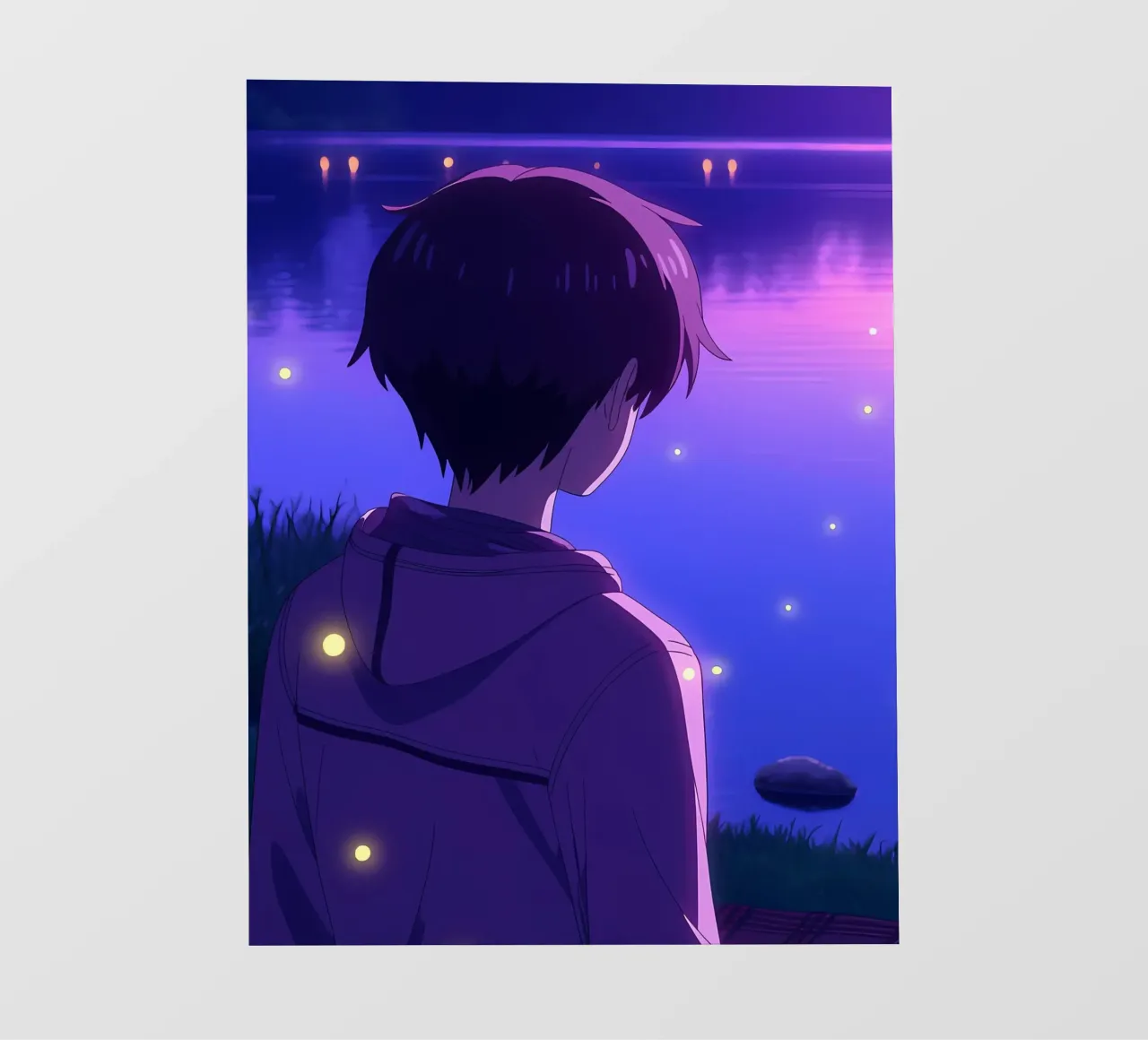 Un ragazzo in piedi vicino a uno stagno con lucciole Lofi Art telo in pvc da LoFi Gallery