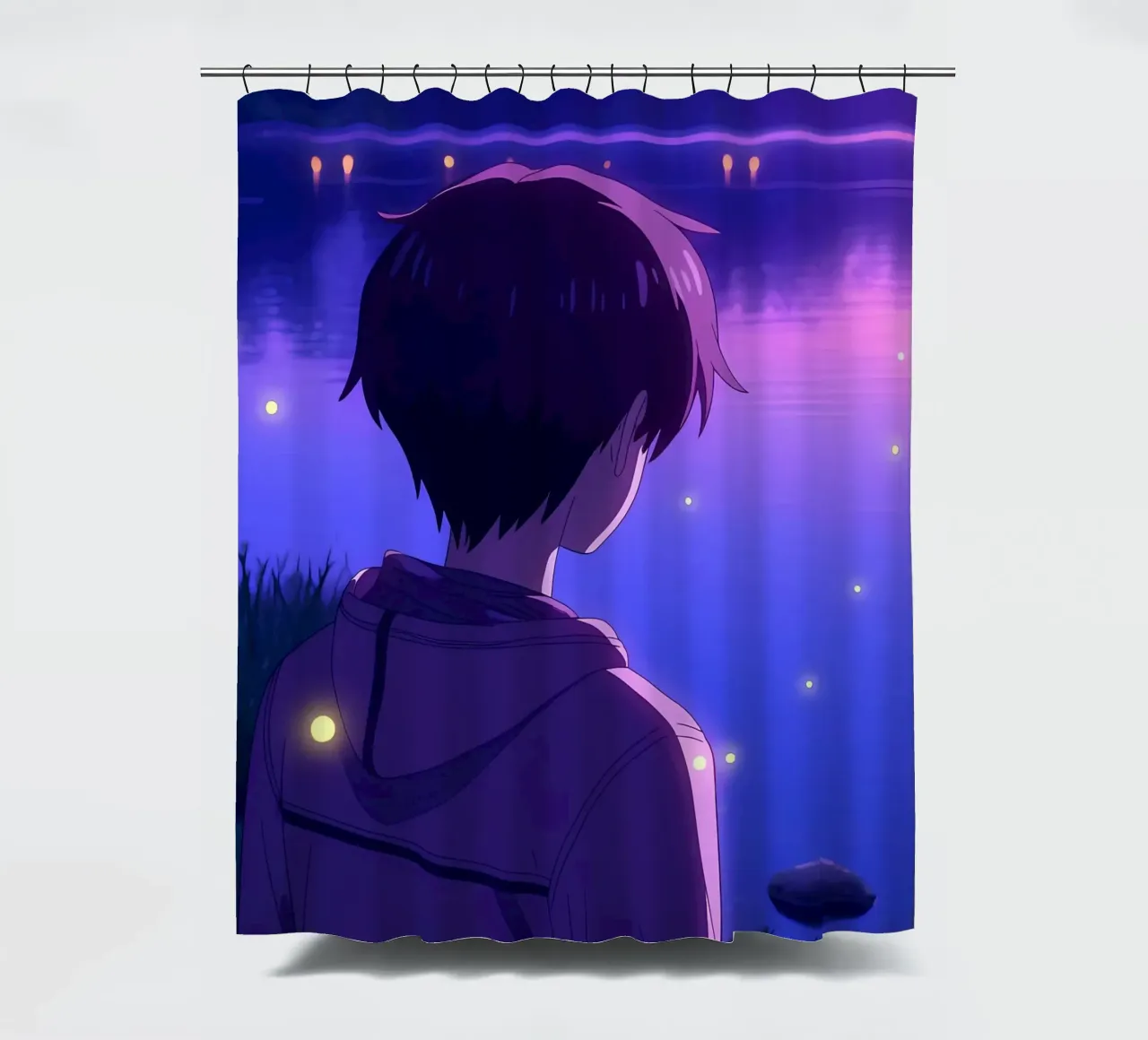 Un ragazzo in piedi vicino a uno stagno con lucciole Lofi Art tenda da doccia da LoFi Gallery