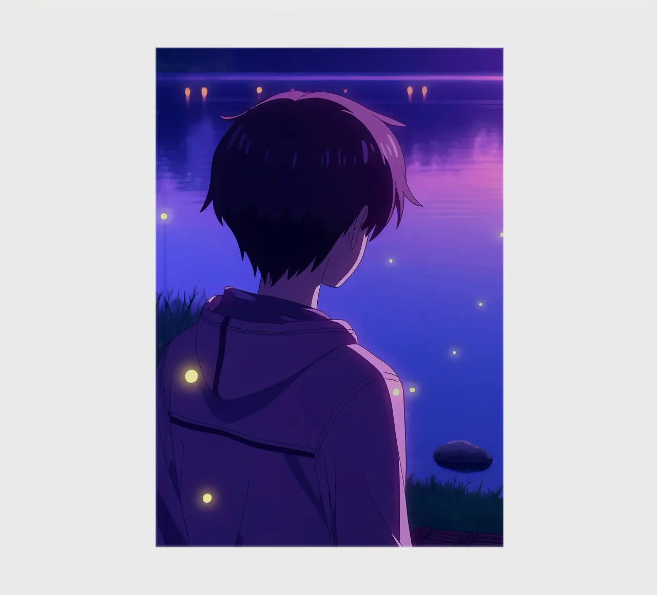A Boy Standing Near To A Pond With Fireflies Lofi Art notebook by LoFi Gallery