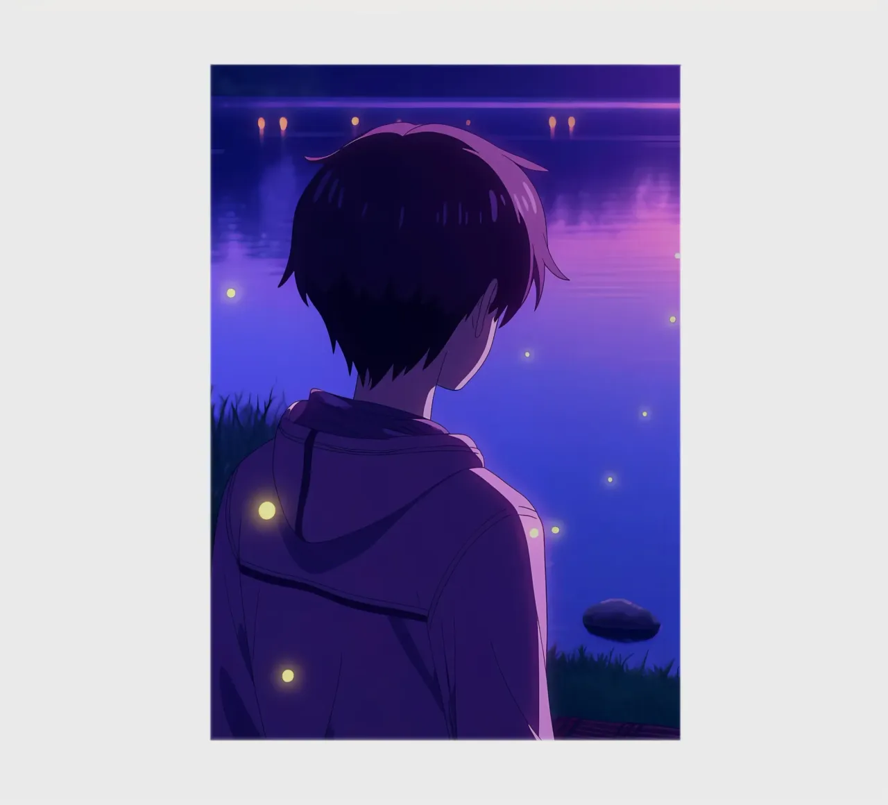 A Boy Standing Near To A Pond With Fireflies Lofi Art notebook by LoFi Gallery