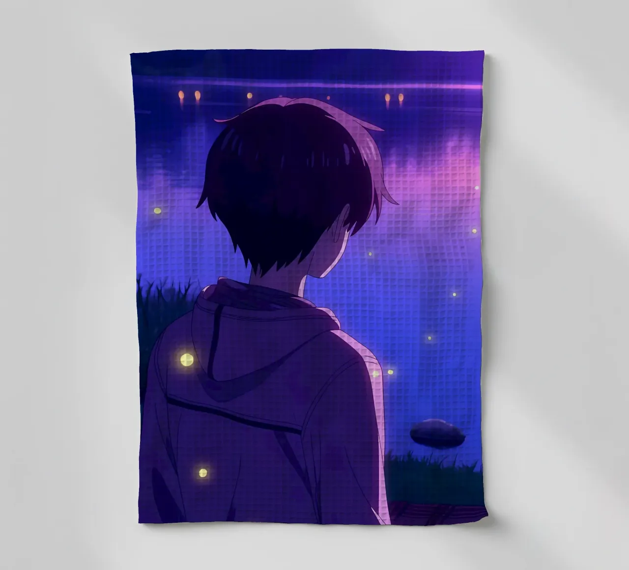 Un ragazzo in piedi vicino a uno stagno con lucciole Lofi Art canovaccio da cucina da LoFi Gallery