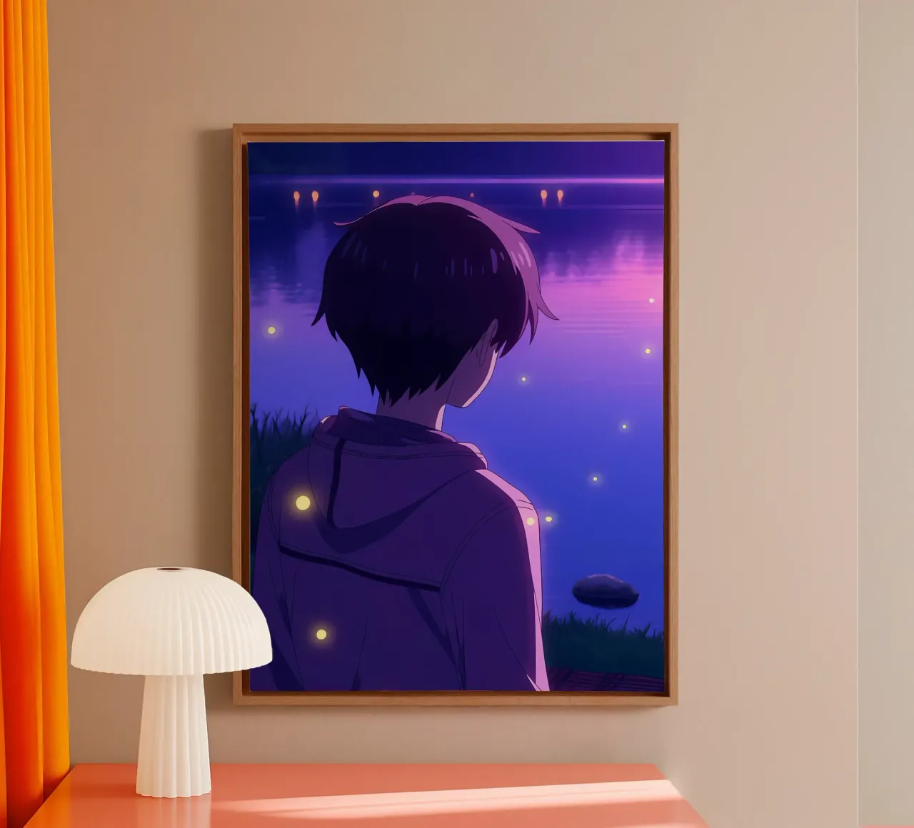 Un ragazzo in piedi vicino a uno stagno con lucciole Lofi Art tela da LoFi Gallery