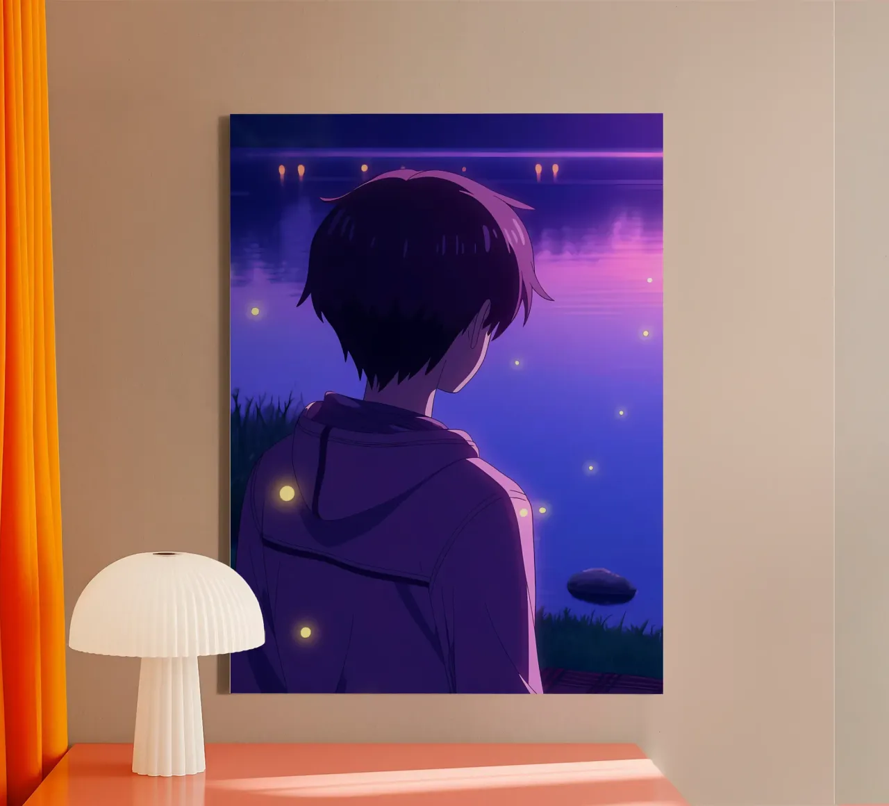Un ragazzo in piedi vicino a uno stagno con lucciole Lofi Art tela da LoFi Gallery