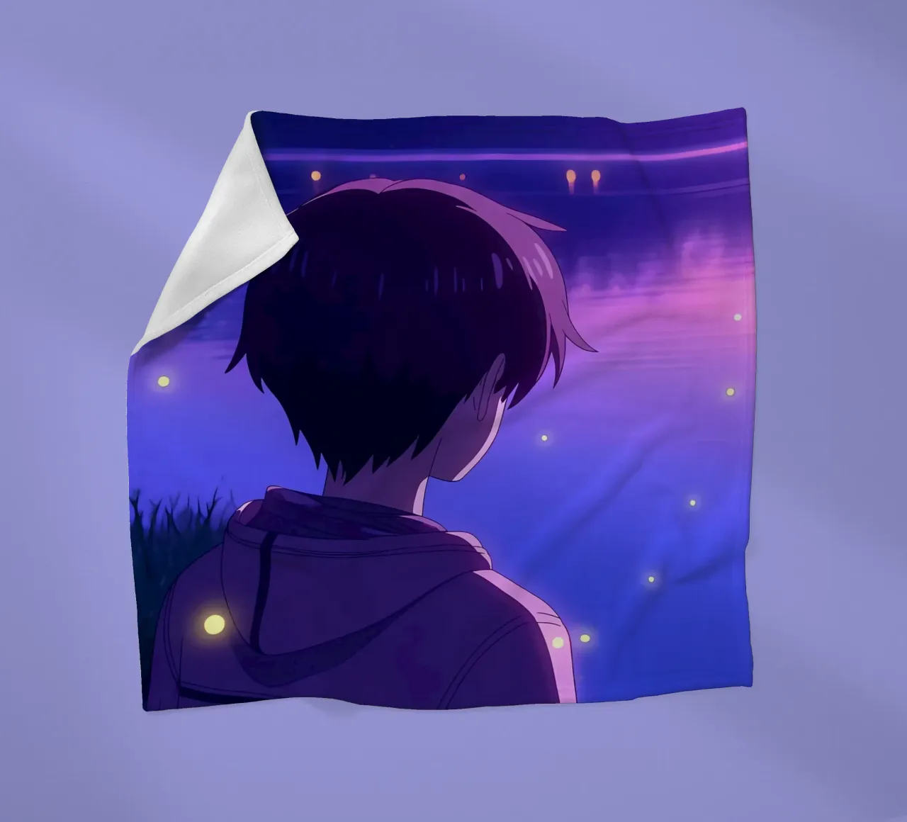 Un ragazzo in piedi vicino a uno stagno con lucciole Lofi Art coperta in pile da LoFi Gallery