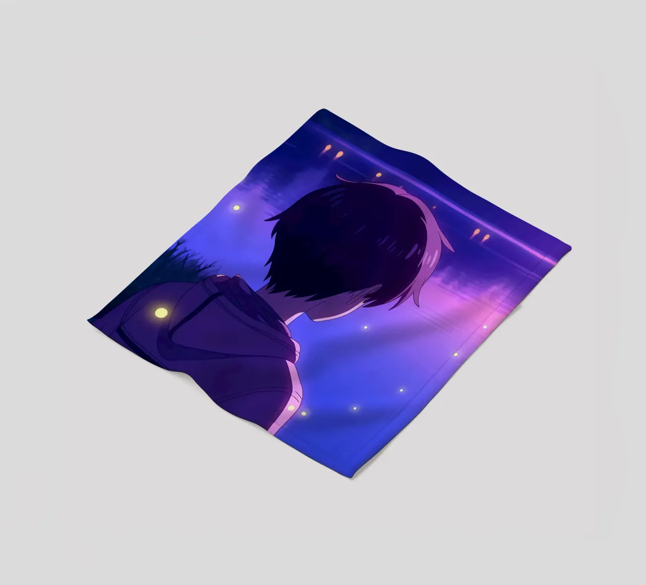 Un ragazzo in piedi vicino a uno stagno con lucciole Lofi Art coperta in pile da LoFi Gallery