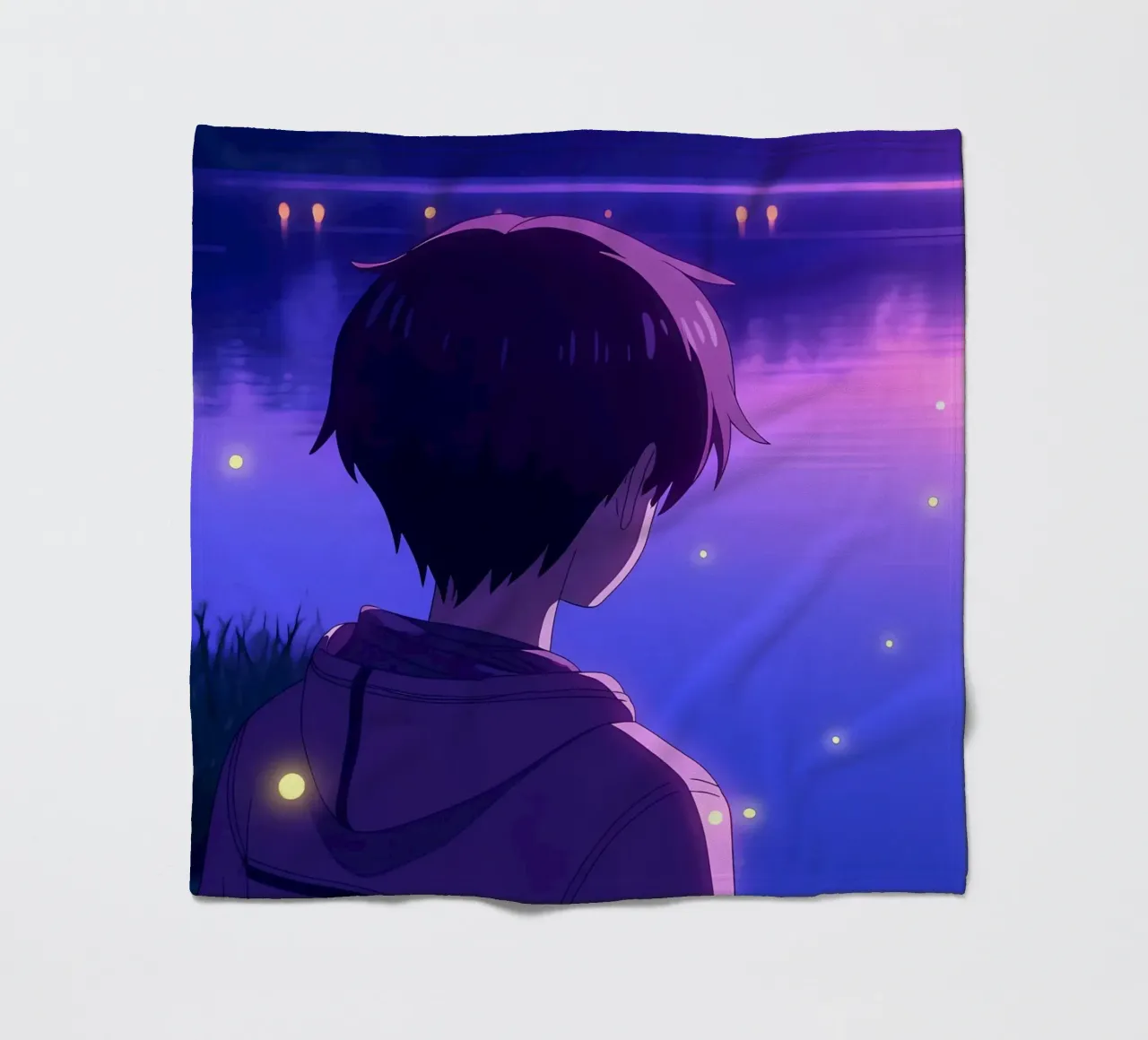 Un ragazzo in piedi vicino a uno stagno con lucciole Lofi Art coperta in pile da LoFi Gallery