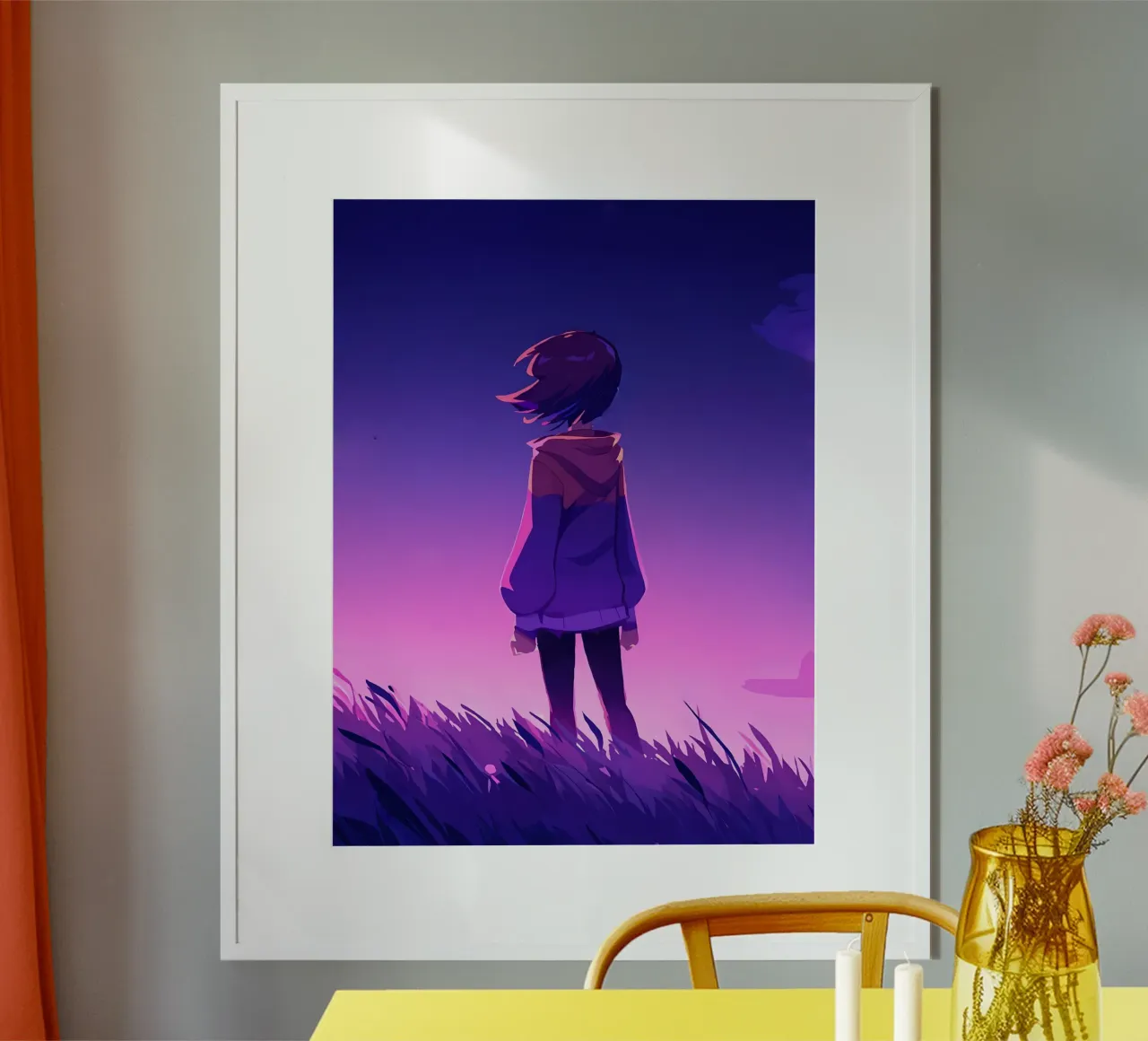 Una ragazza in piedi e guardando il tramonto della sera Lofi Art poster con telaio in alluminio da LoFi Gallery