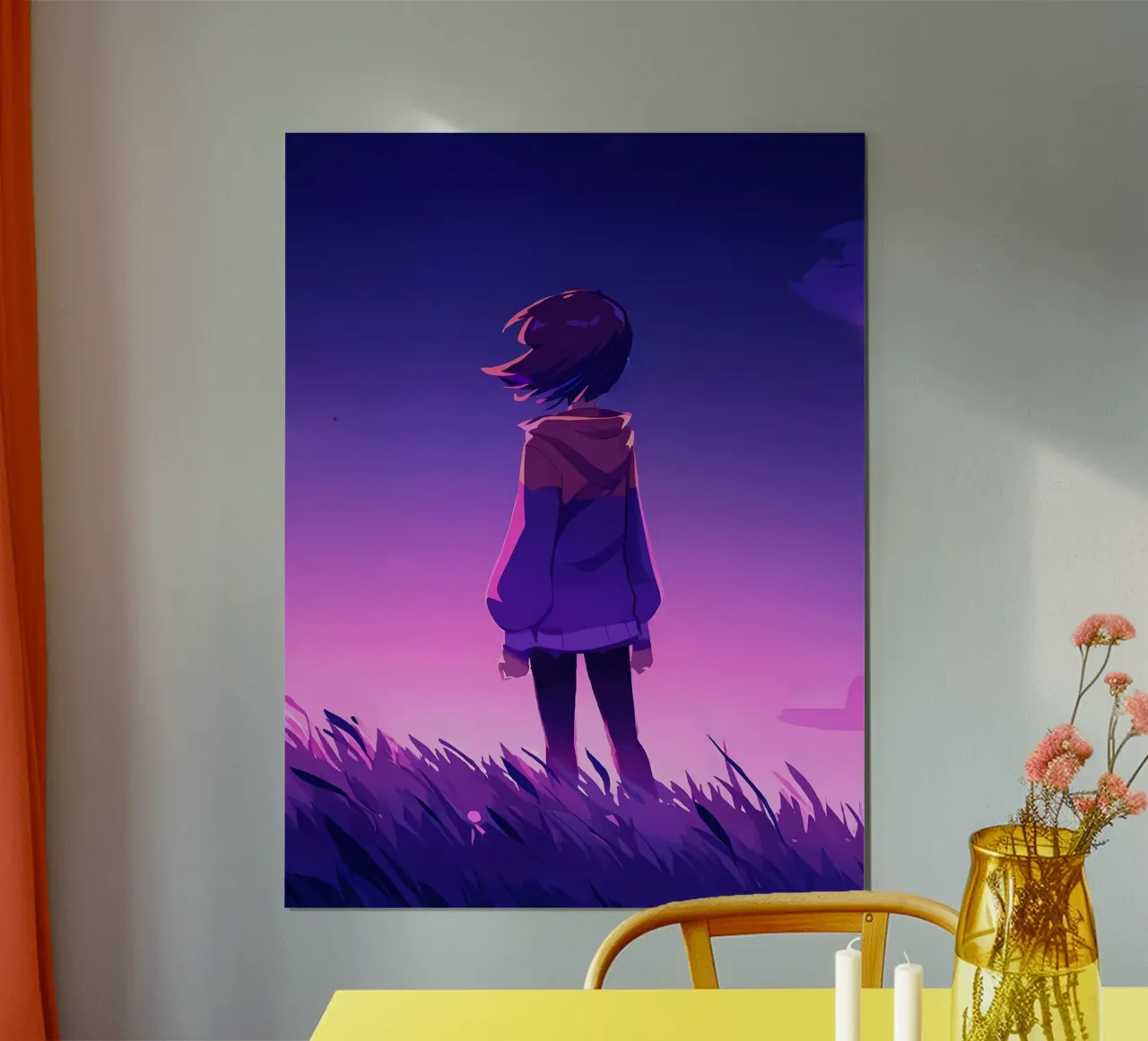 Una ragazza in piedi e guardando il tramonto della sera Lofi Art poster con telaio in alluminio da LoFi Gallery