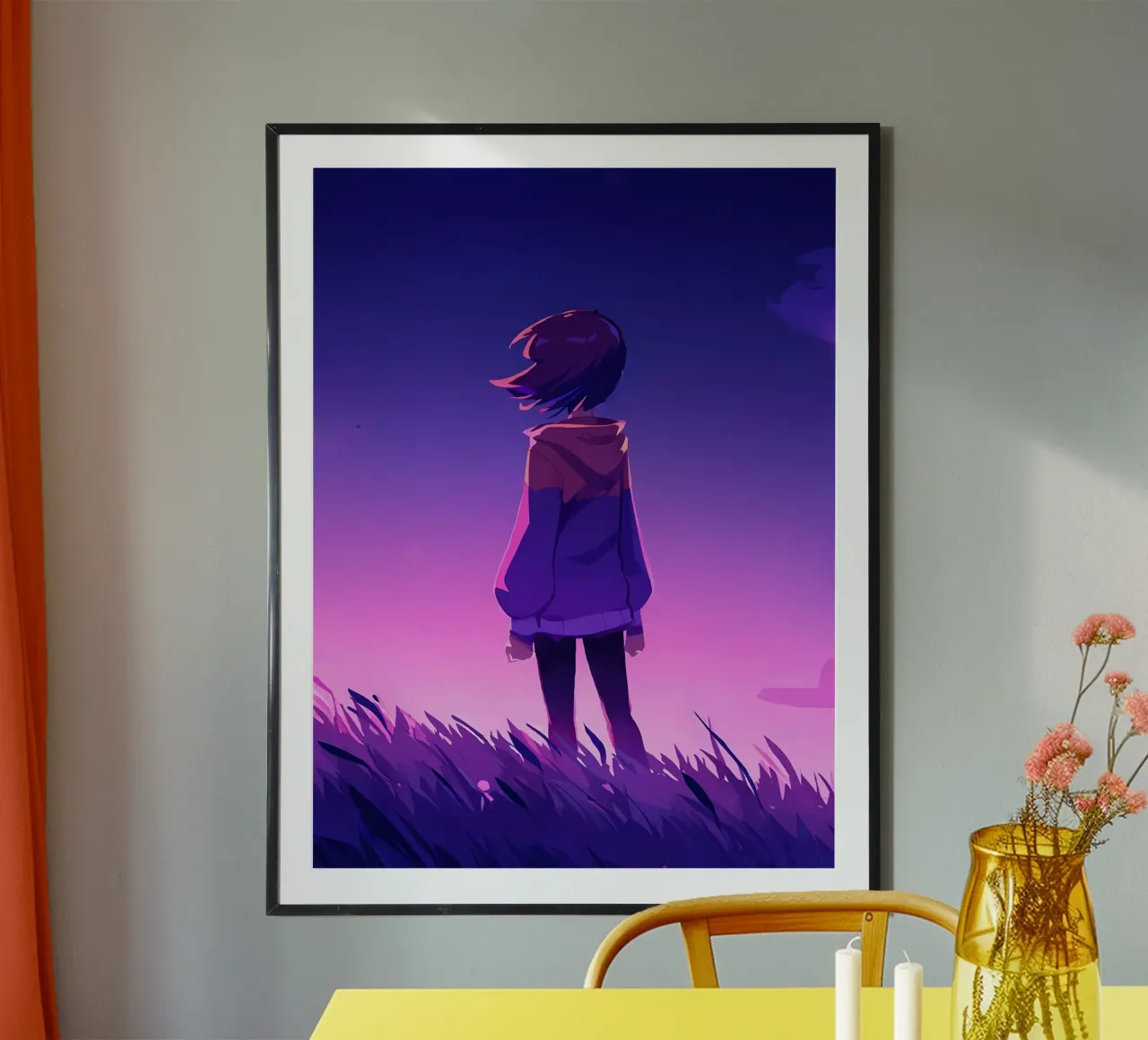 Una ragazza in piedi e guardando il tramonto della sera Lofi Art poster con telaio in alluminio da LoFi Gallery
