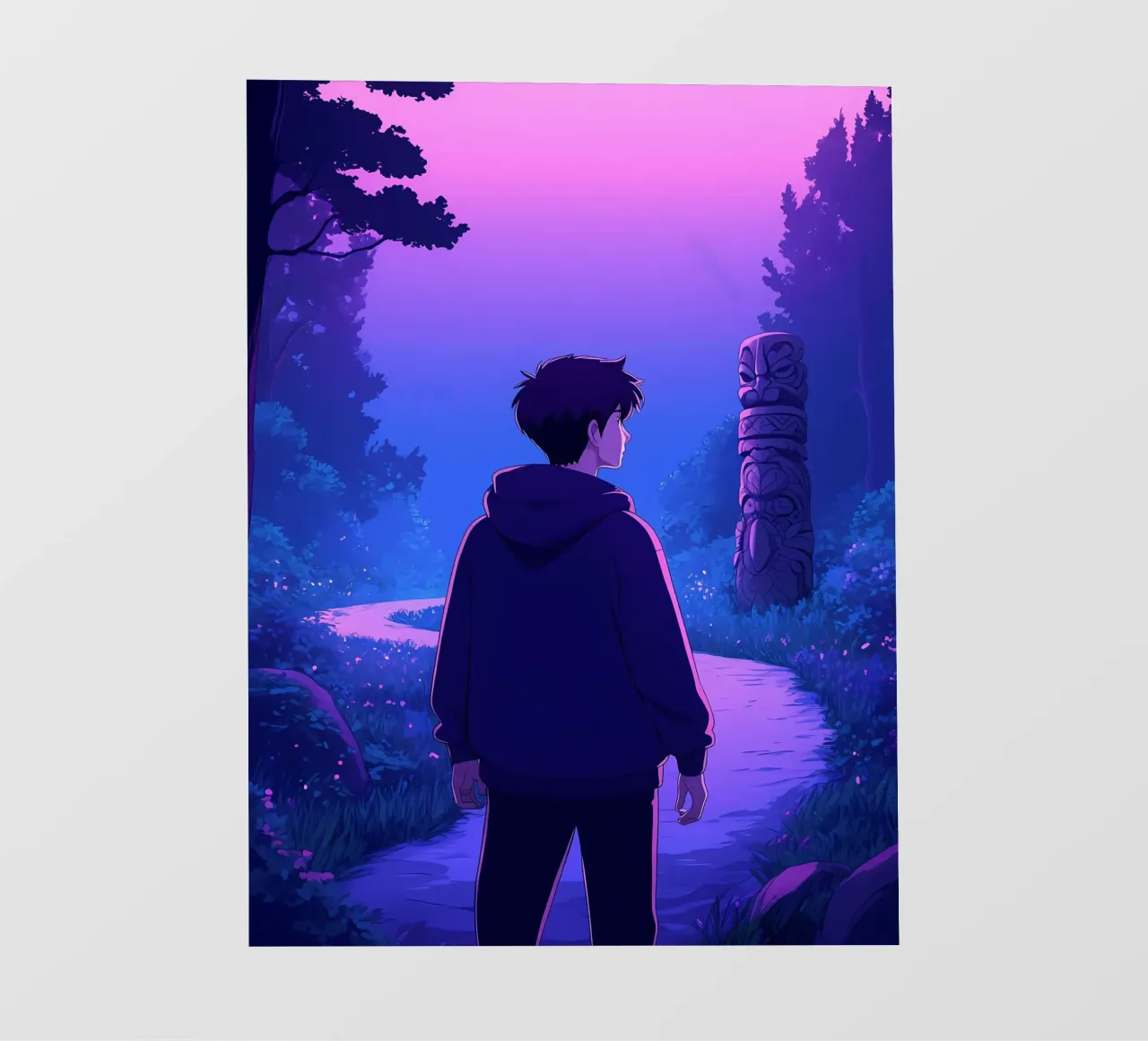 Un garçon marchant dans un sentier de forêt ancienne Lofi Art bâche pvc de LoFi Gallery