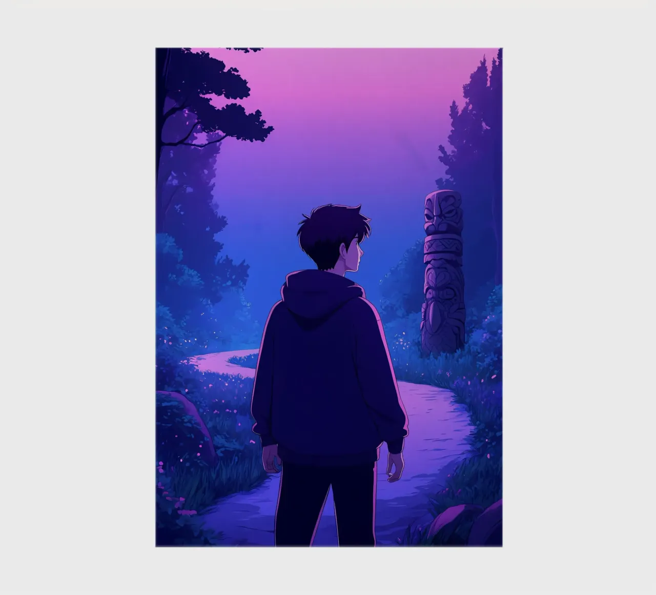 Un garçon marchant dans un sentier de forêt ancienne Lofi Art carnet de notes de LoFi Gallery