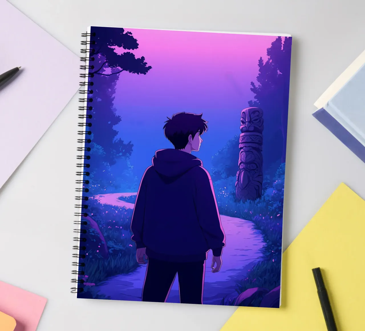 Un garçon marchant dans un sentier de forêt ancienne Lofi Art carnet à spirale de LoFi Gallery