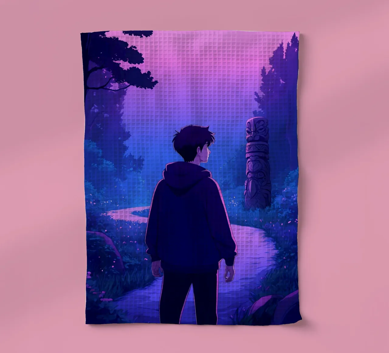 Un garçon marchant dans un sentier de forêt ancienne Lofi Art torchon de LoFi Gallery