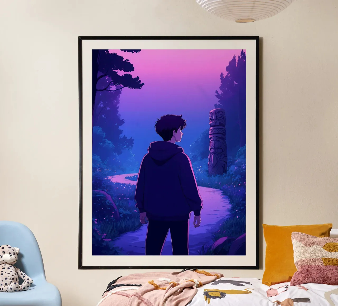 Ein Junge geht durch einen alten Waldweg Lofi Art Poster mit Kunststoffrahmen von LoFi Gallery