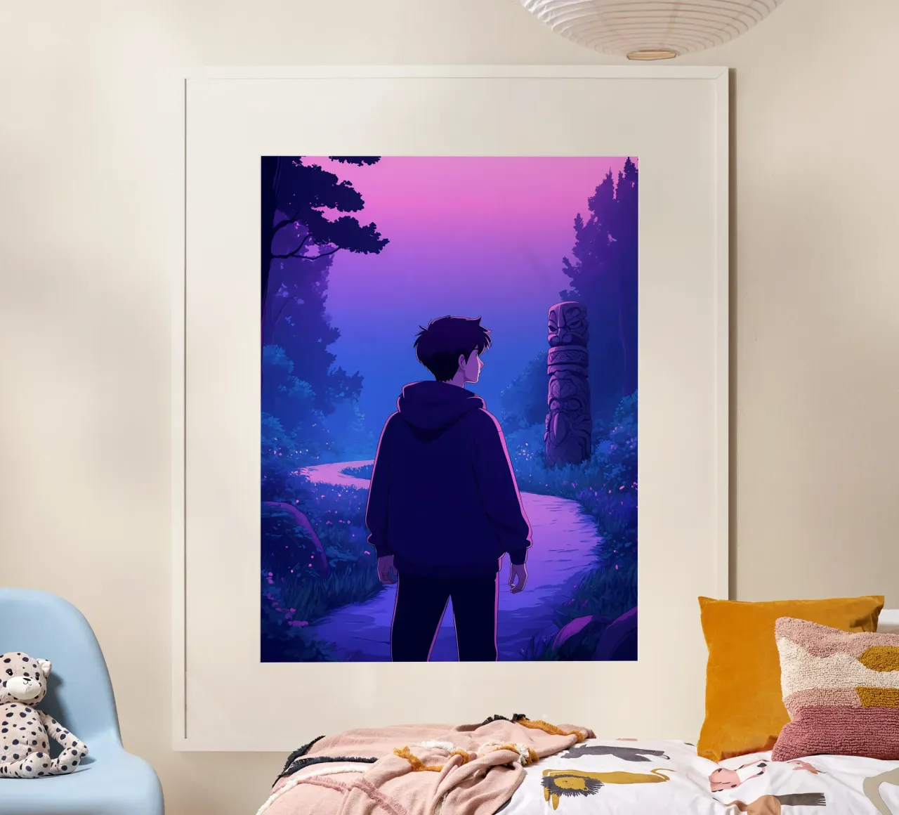 Ein Junge geht durch einen alten Waldweg Lofi Art Poster mit Kunststoffrahmen von LoFi Gallery