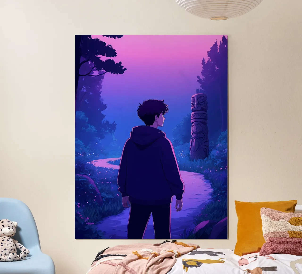Ein Junge geht durch einen alten Waldweg Lofi Art Poster mit Kunststoffrahmen von LoFi Gallery