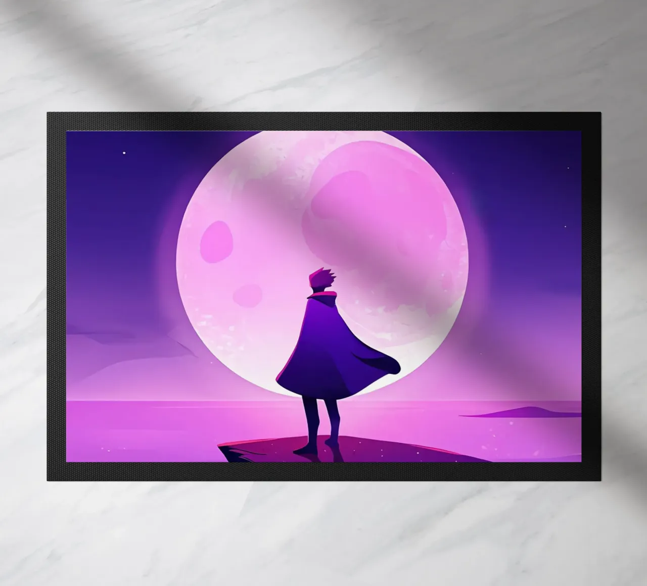 Un ragazzo in piedi alla scogliera guardando la luna piena Lofi Art zerbino da LoFi Gallery