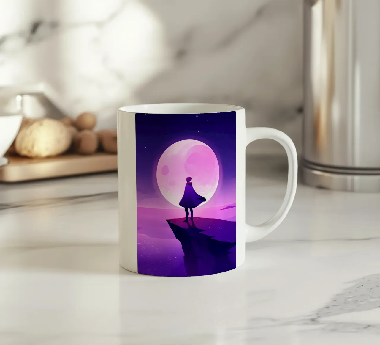 Un ragazzo in piedi alla scogliera guardando la luna piena Lofi Art tazza in ceramica da LoFi Gallery
