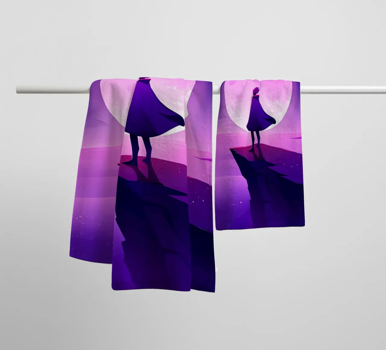 A Boy Standing At Cliff Looking AT Full Moon Lofi Art towel by LoFi Gallery