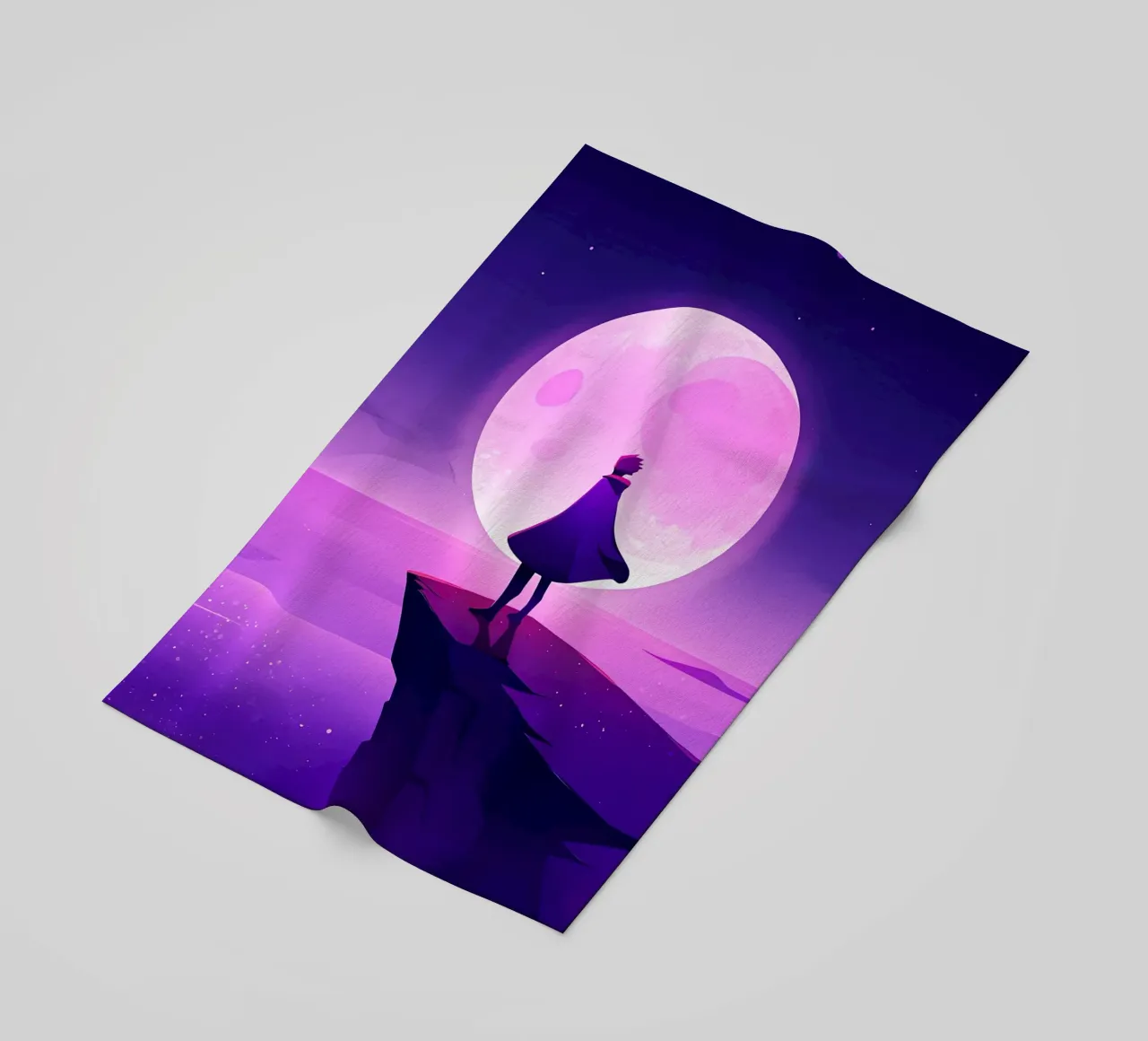 Un ragazzo in piedi alla scogliera guardando la luna piena Lofi Art telo mare da LoFi Gallery
