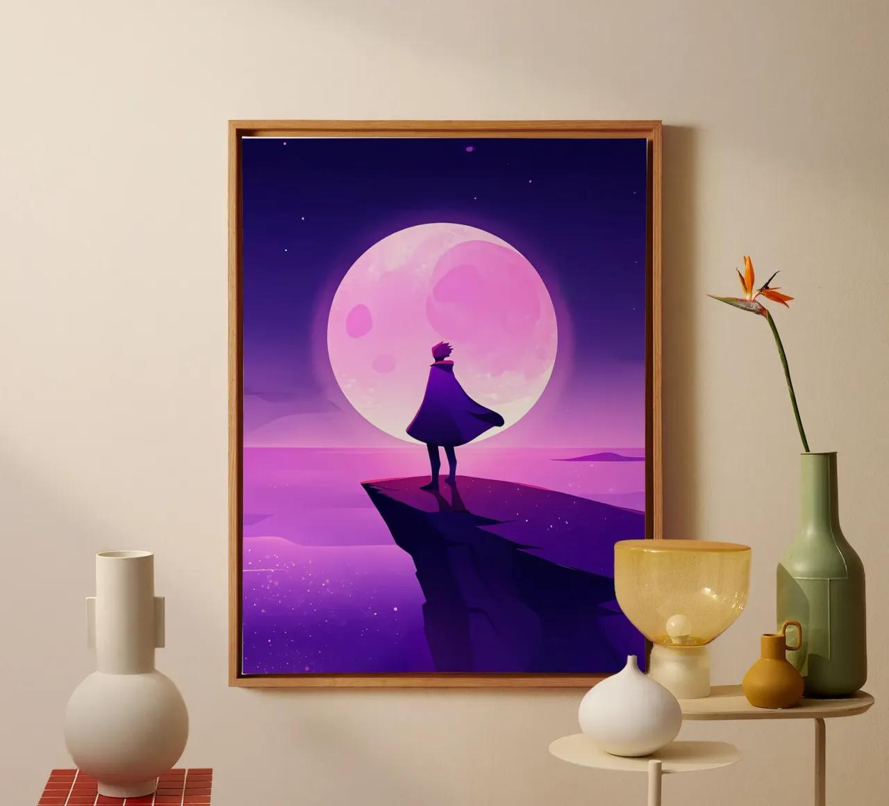 A Boy Standing At Cliff Looking AT Full Moon Lofi Art canvas with Floater frame by LoFi Gallery