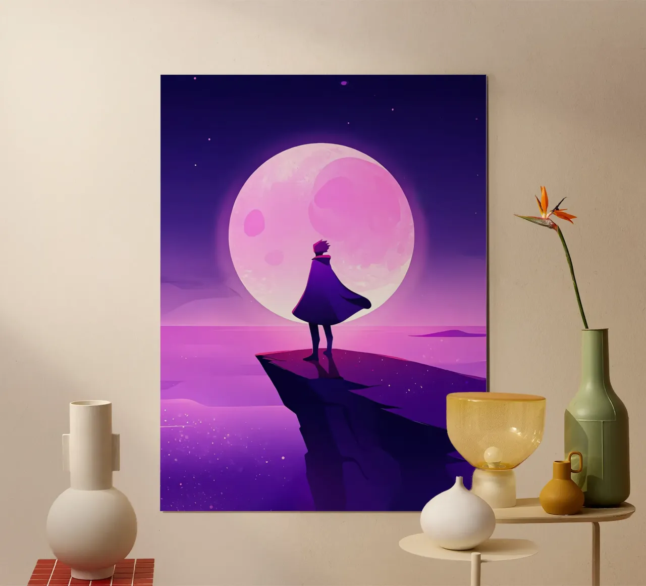 A Boy Standing At Cliff Looking AT Full Moon Lofi Art poster by LoFi Gallery