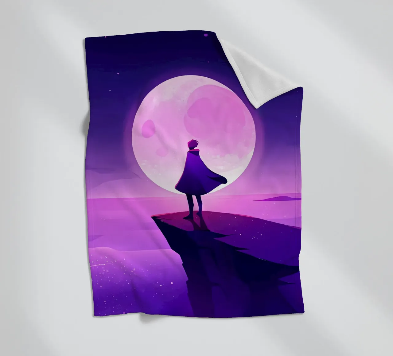 A Boy Standing At Cliff Looking AT Full Moon Lofi Art fleece blanket by LoFi Gallery