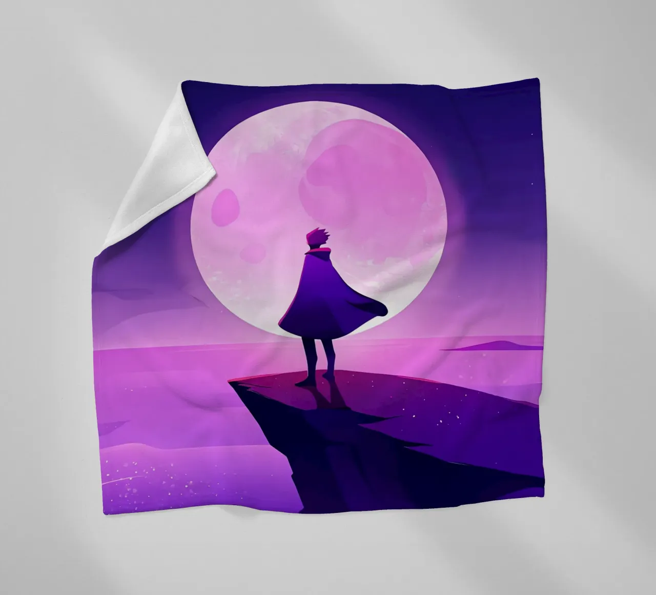 A Boy Standing At Cliff Looking AT Full Moon Lofi Art fleece blanket by LoFi Gallery