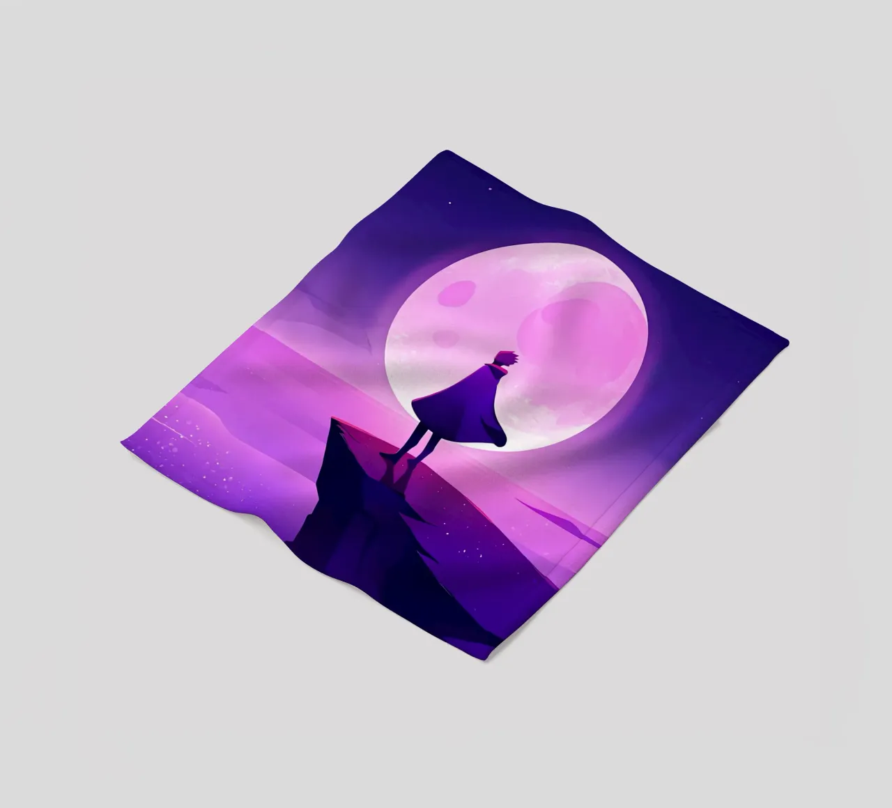 A Boy Standing At Cliff Looking AT Full Moon Lofi Art fleece blanket by LoFi Gallery