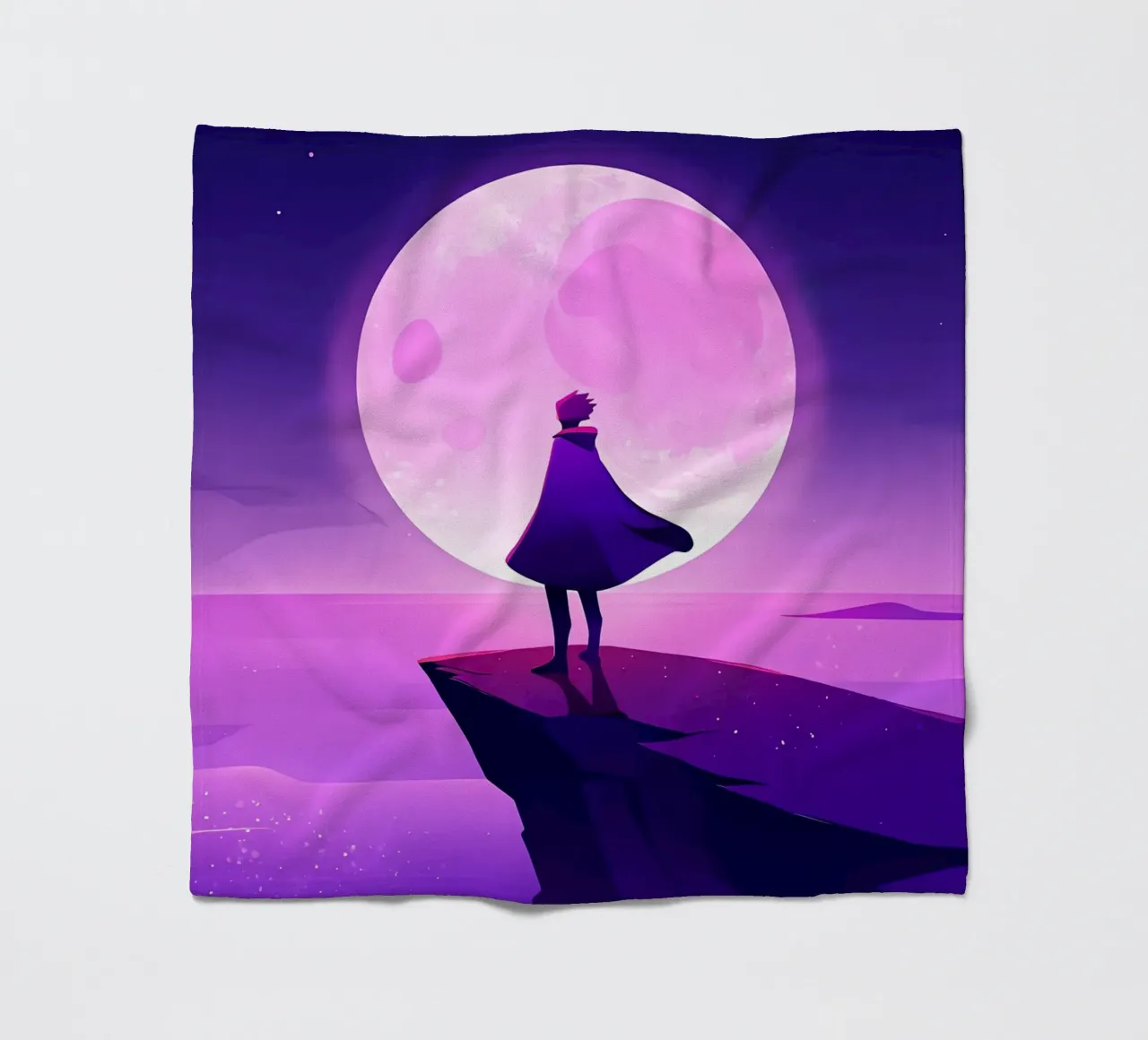 A Boy Standing At Cliff Looking AT Full Moon Lofi Art fleece blanket by LoFi Gallery