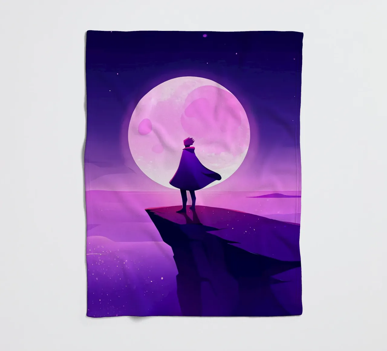 A Boy Standing At Cliff Looking AT Full Moon Lofi Art fleece blanket by LoFi Gallery