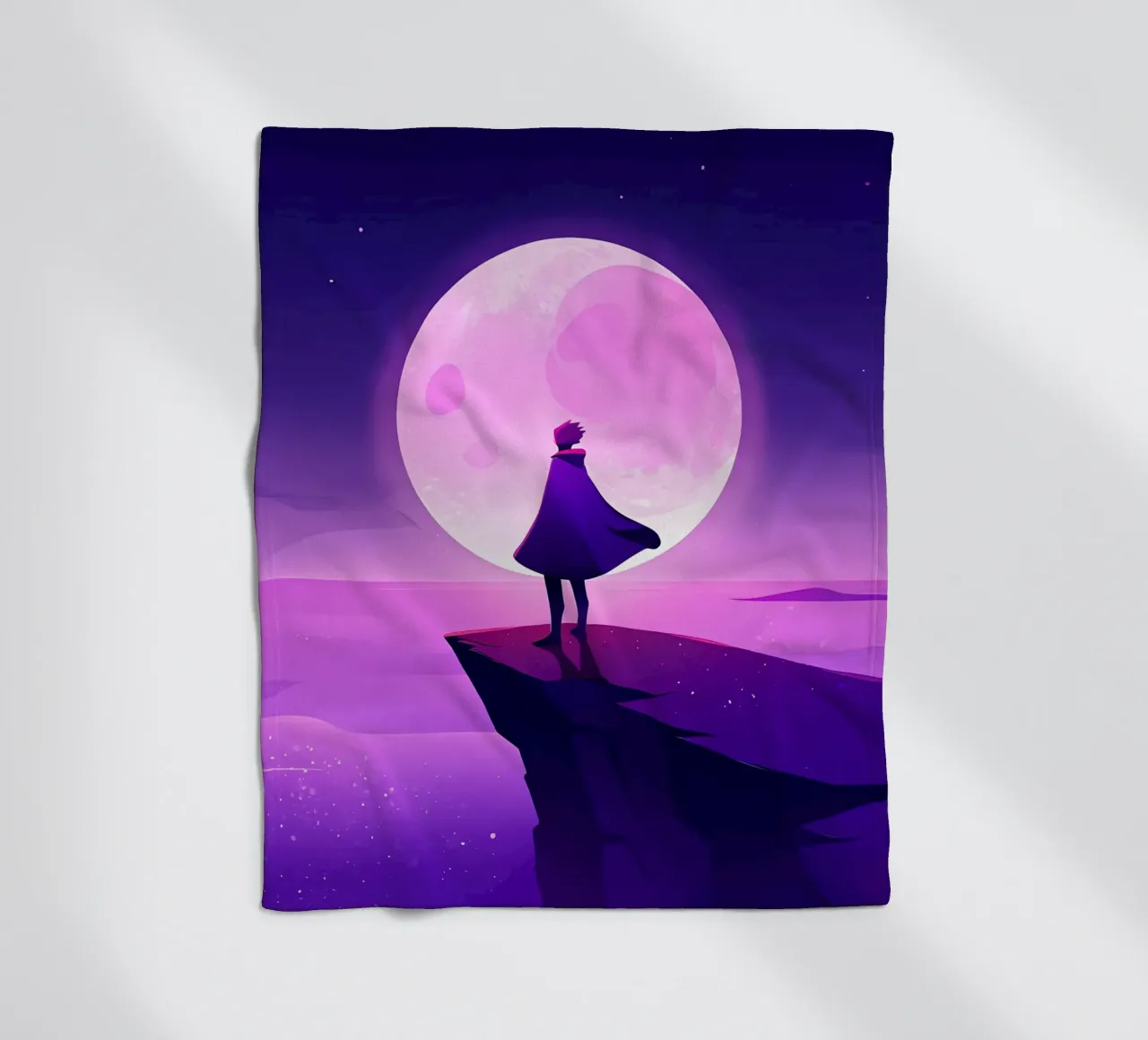 A Boy Standing At Cliff Looking AT Full Moon Lofi Art fleece blanket by LoFi Gallery