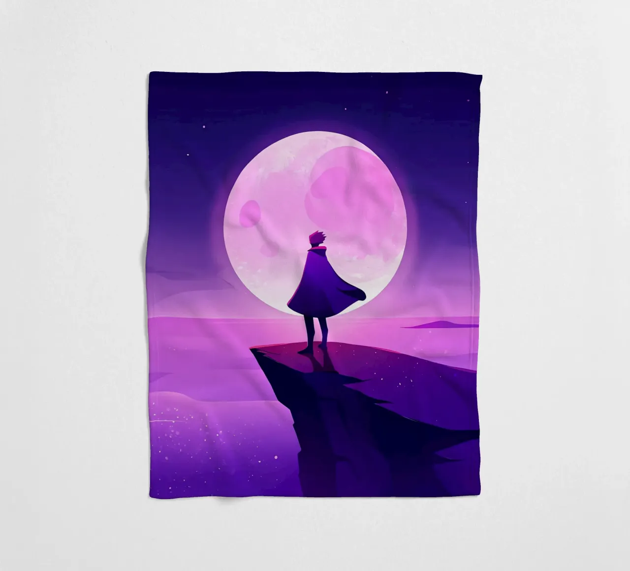 A Boy Standing At Cliff Looking AT Full Moon Lofi Art fleece blanket by LoFi Gallery