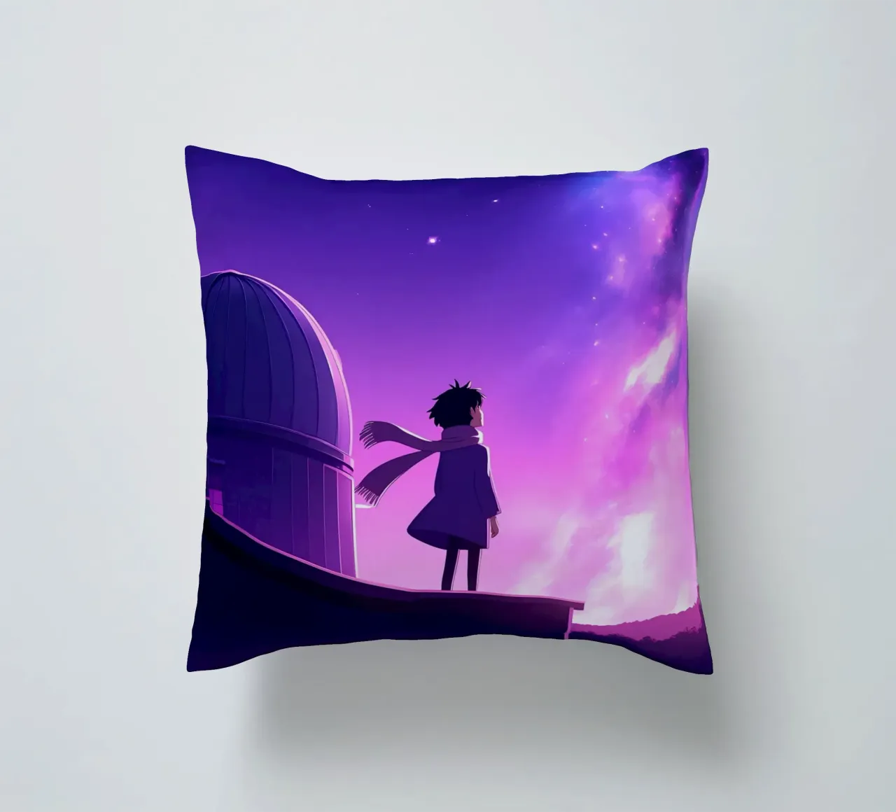 Una ragazza in piedi e guardando il cielo notturno Lofi Art cuscino da LoFi Gallery
