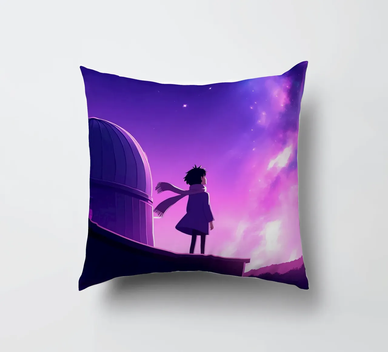 Una ragazza in piedi e guardando il cielo notturno Lofi Art cuscino da LoFi Gallery