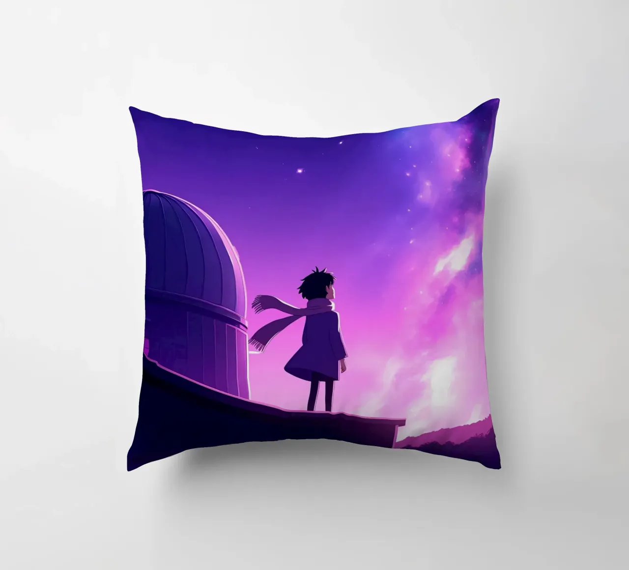 Una ragazza in piedi e guardando il cielo notturno Lofi Art cuscino da LoFi Gallery