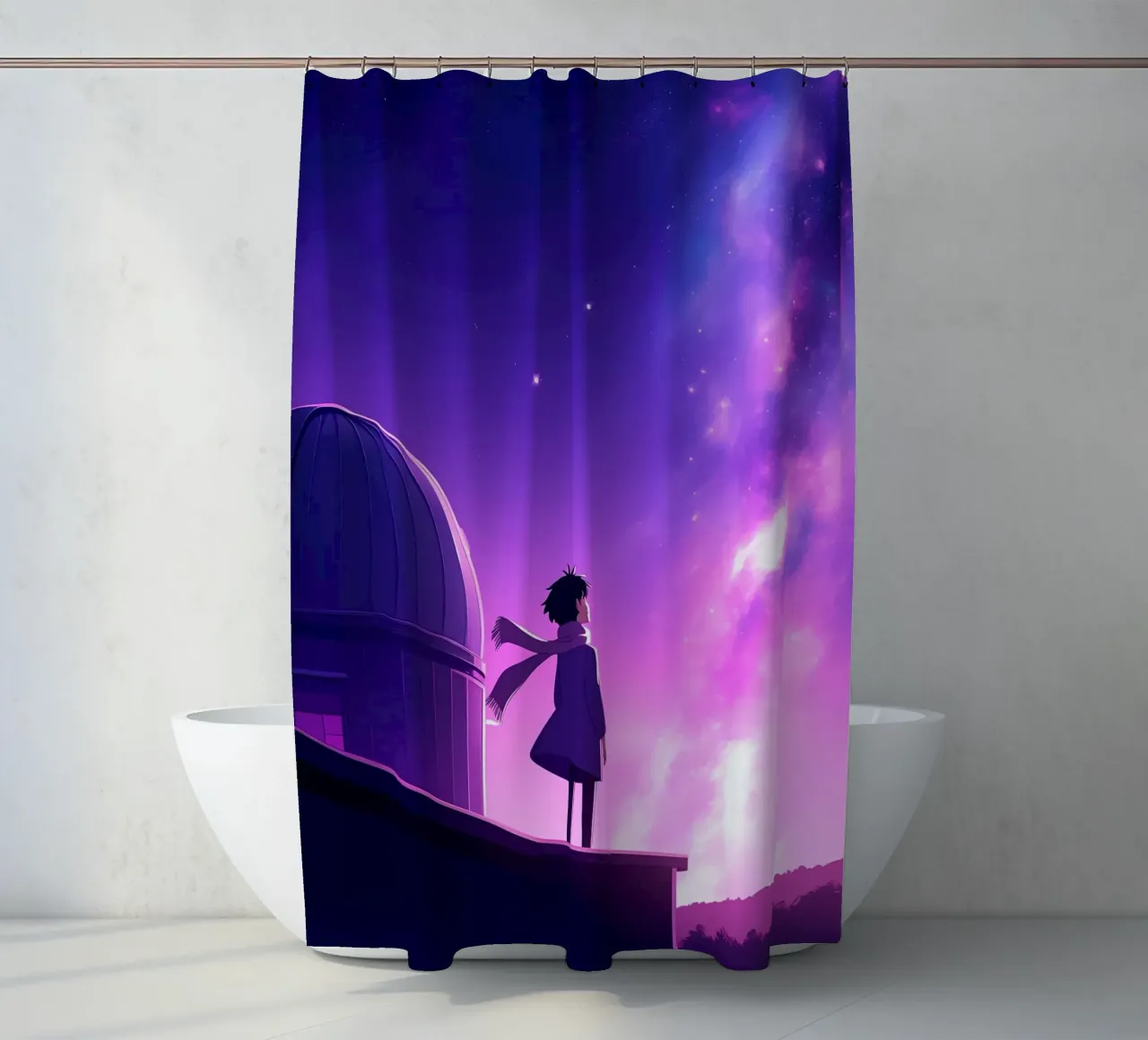Una ragazza in piedi e guardando il cielo notturno Lofi Art tenda da doccia da LoFi Gallery