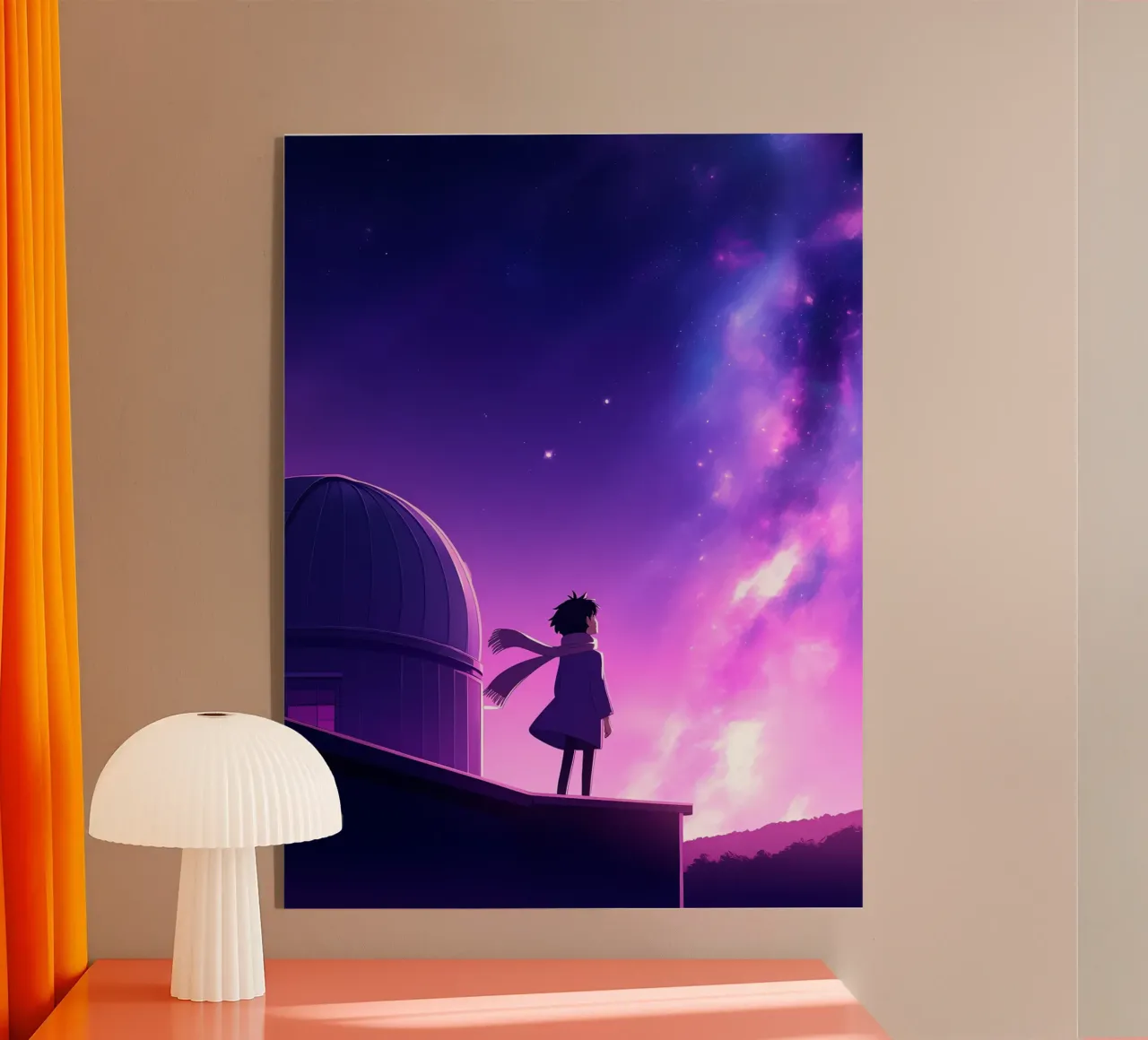 Una ragazza in piedi e guardando il cielo notturno Lofi Art plexiglass da LoFi Gallery