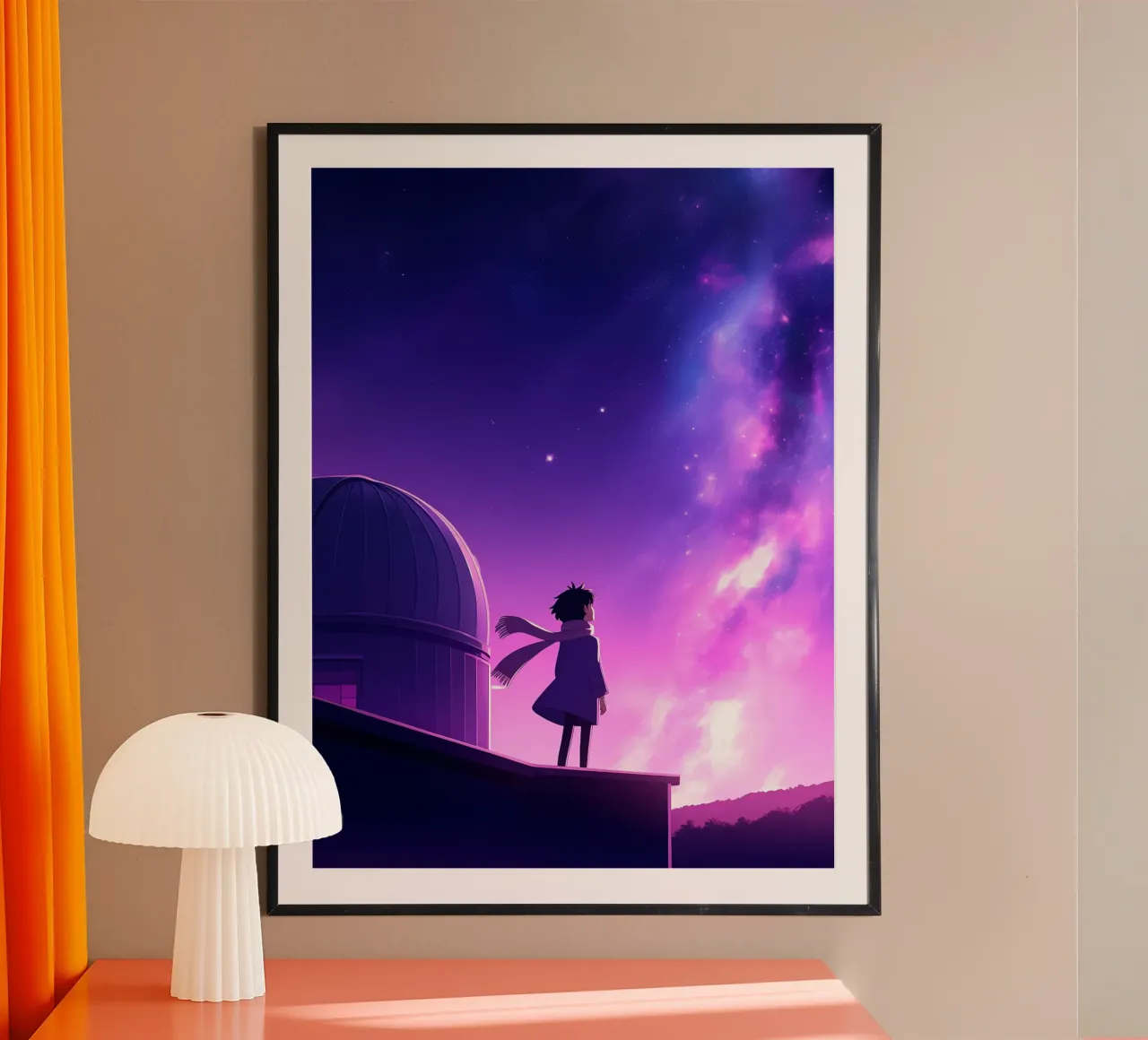 Una ragazza in piedi e guardando il cielo notturno Lofi Art carta hahnemühle da LoFi Gallery