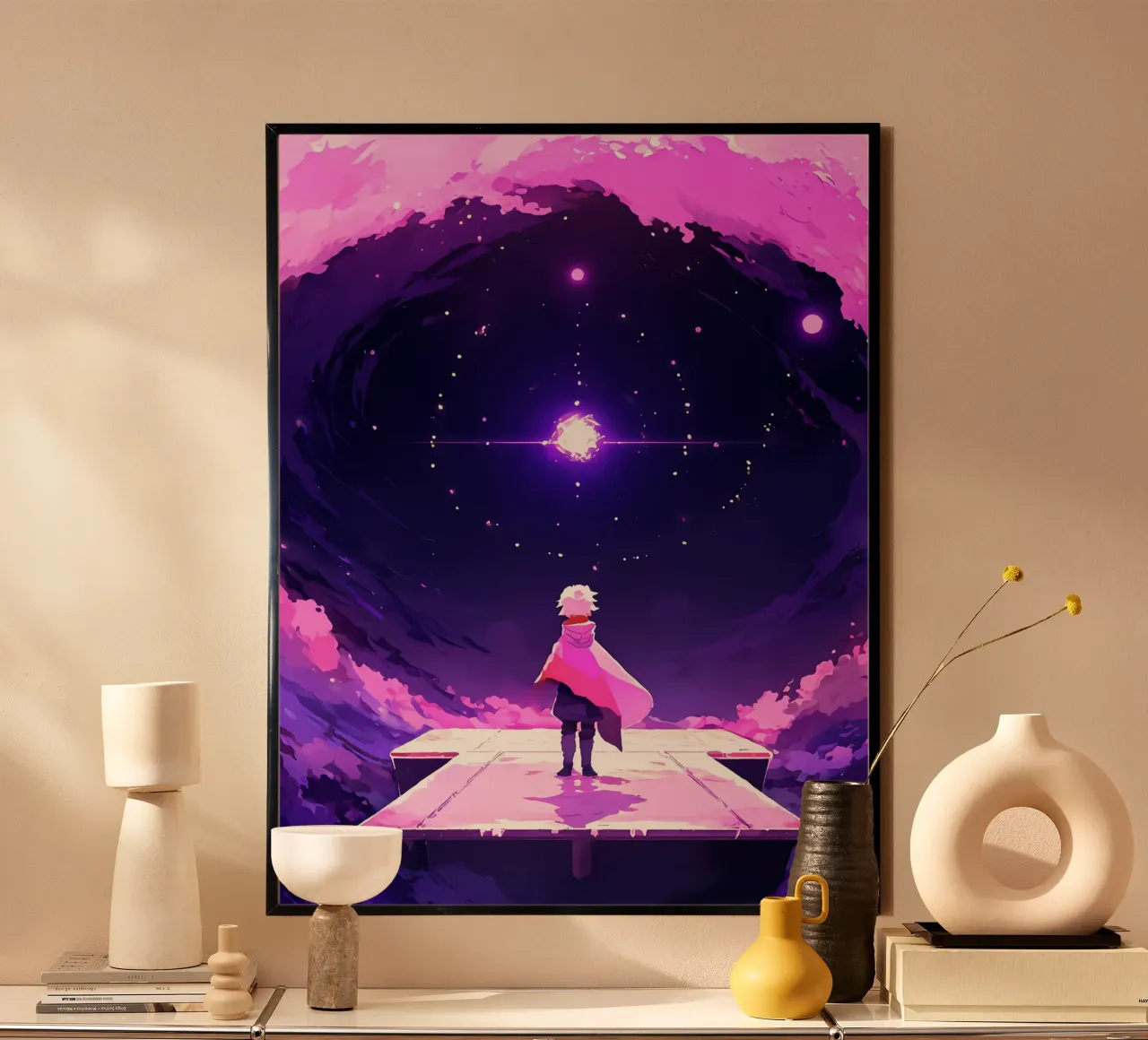 Une personne regardant une autre étoile dans un ciel de rêve Lofi Art poster avec cadre en aluminium de LoFi Gallery
