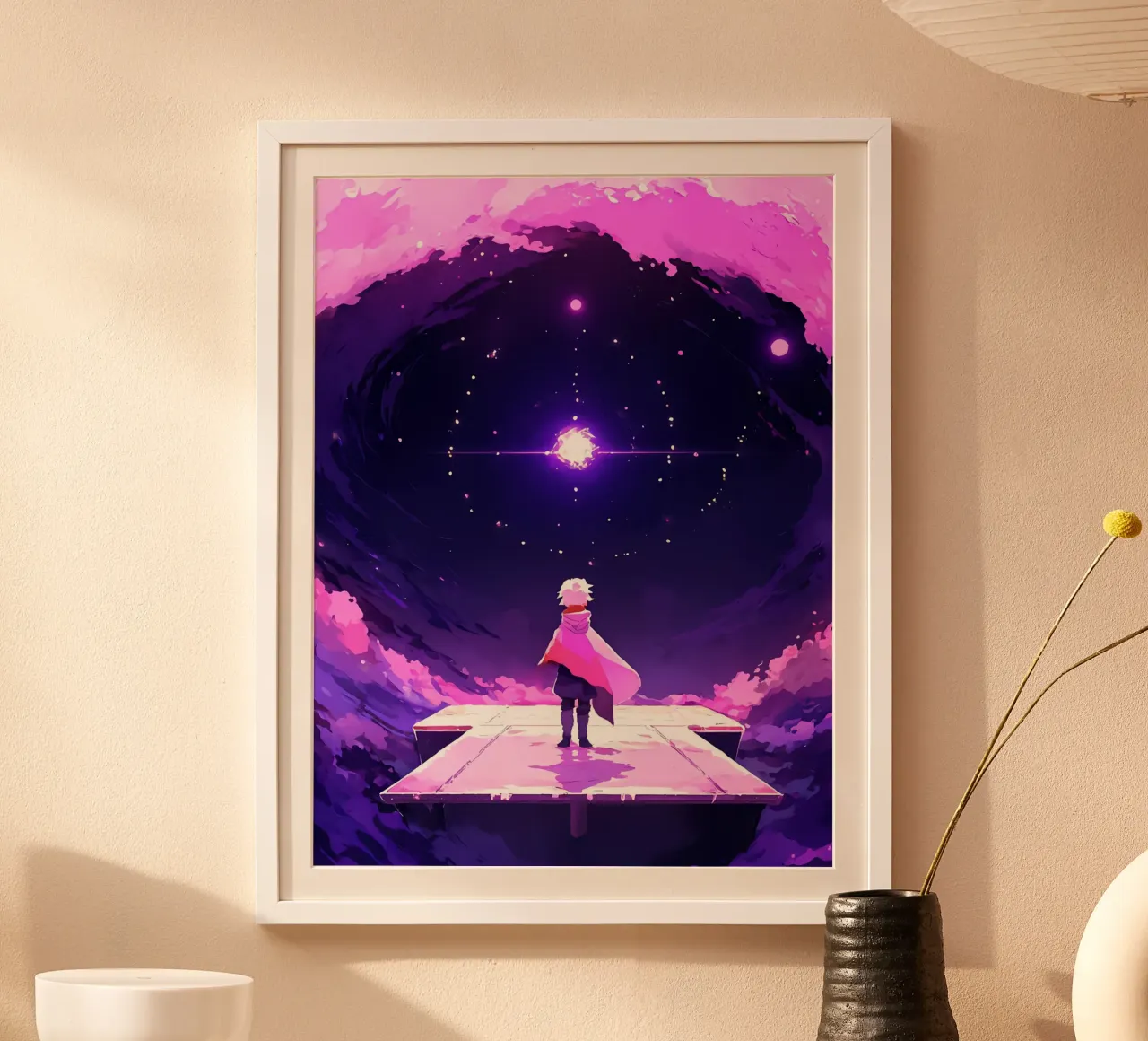 Une personne regardant une autre étoile dans un ciel de rêve Lofi Art poster avec cadre en aluminium de LoFi Gallery