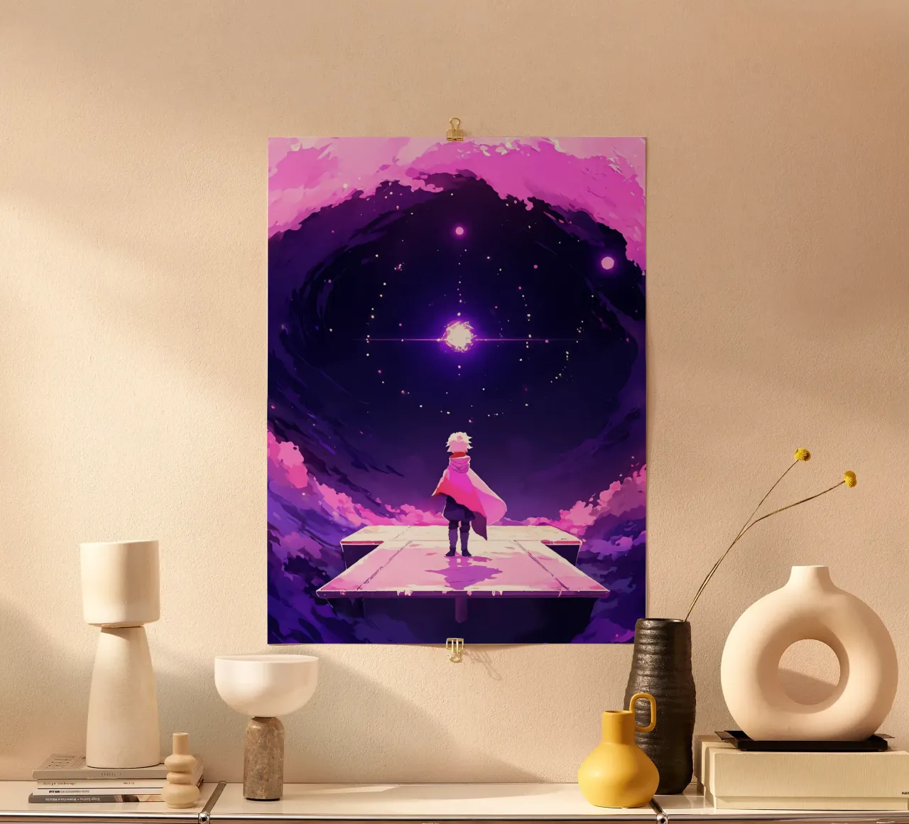 Une personne regardant une autre étoile dans un ciel de rêve Lofi Art poster avec cadre en aluminium de LoFi Gallery