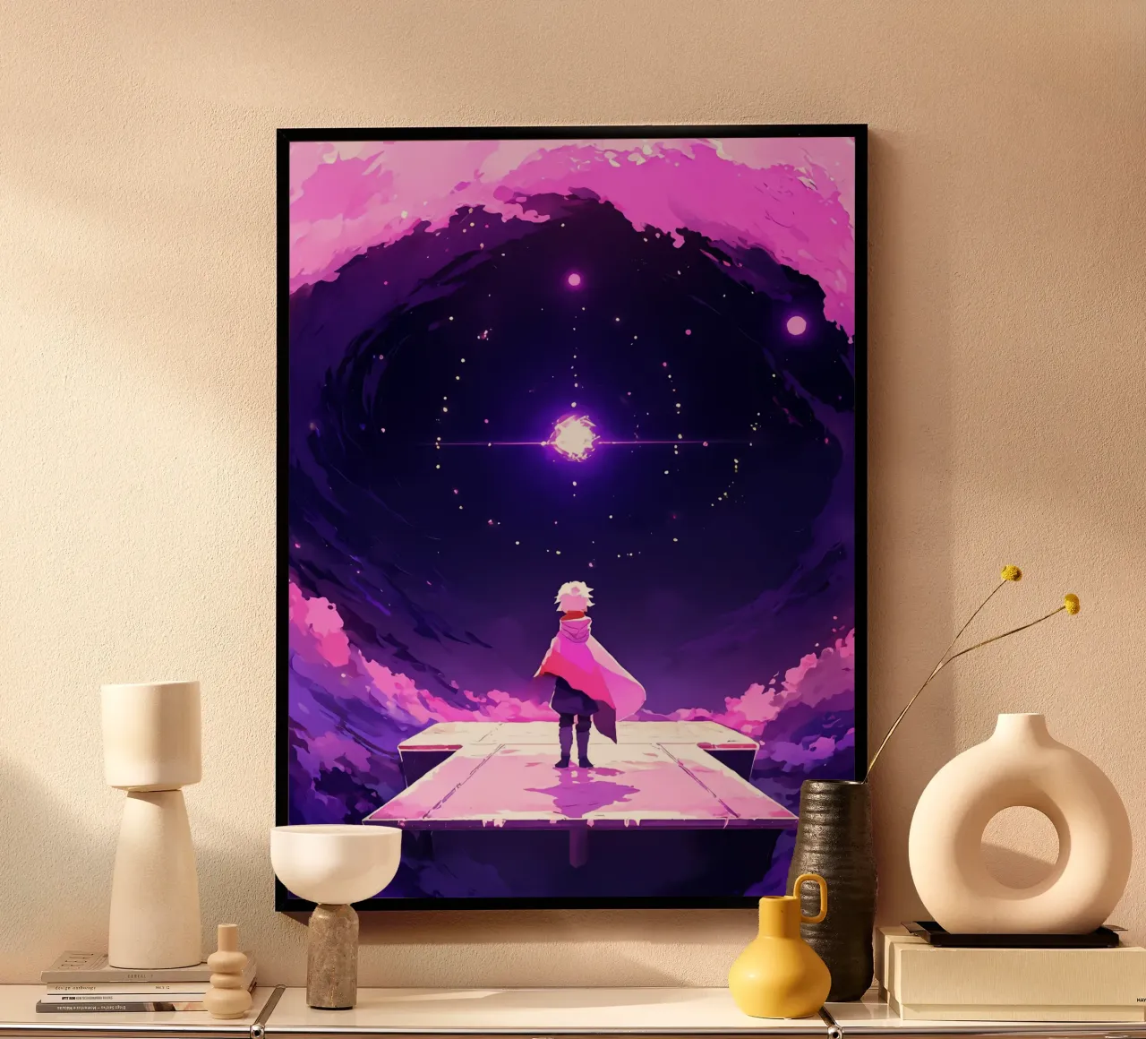 Une personne regardant une autre étoile dans un ciel de rêve Lofi Art poster avec cadre en aluminium de LoFi Gallery
