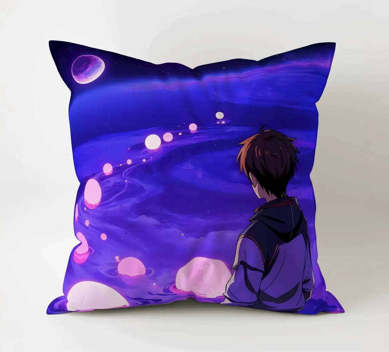 Un ragazzo che cammina su un sentiero da sogno Lofi Art cuscino da LoFi Gallery
