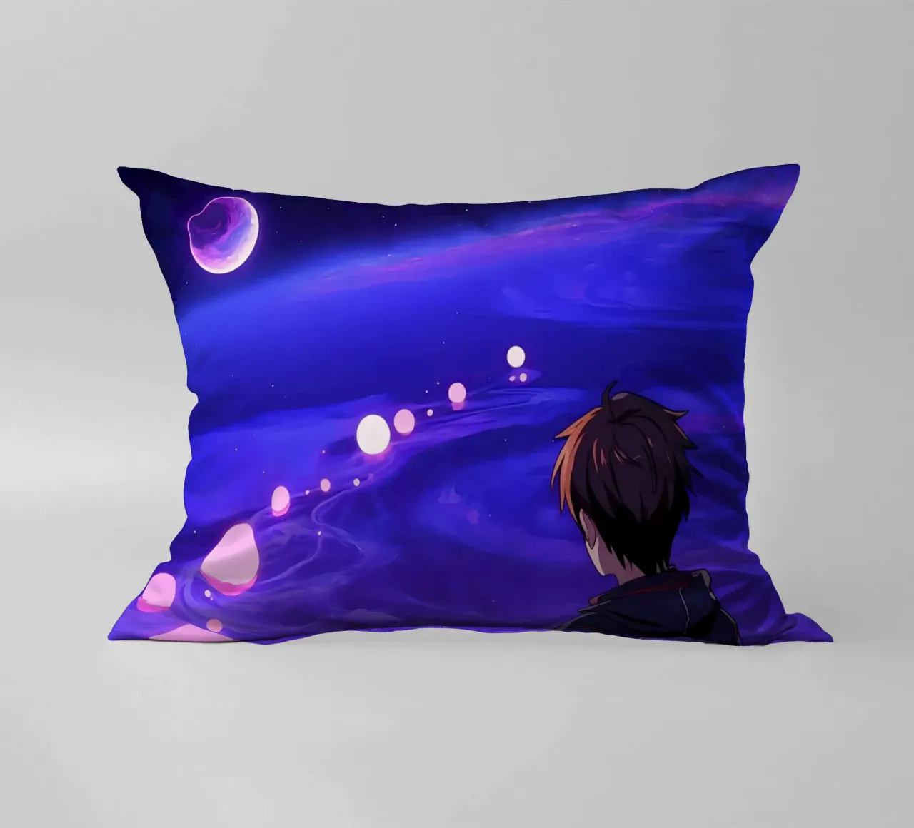 Un ragazzo che cammina su un sentiero da sogno Lofi Art cuscino da LoFi Gallery