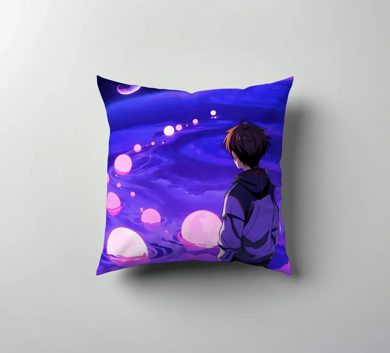 Un ragazzo che cammina su un sentiero da sogno Lofi Art cuscino da LoFi Gallery